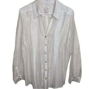 Chico’s White Sheer Button Down Blouse Roll Tab Sleeve L